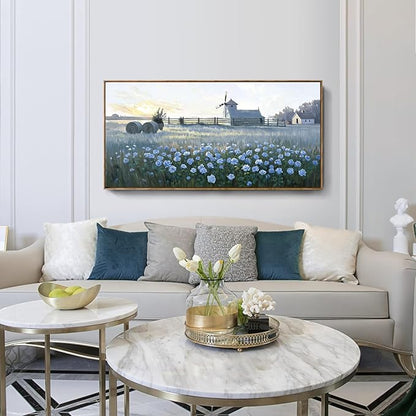 Large Framed Modern Canvas Wall Art, Natural Rural Farm Print Picture, Blue Windmill Flower Field Landscape Art Decor For Living Room, Bedroom, Dining Room, And Kitchen. 48X24 Inches.