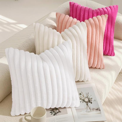 decorUhome Summer Cozy Faux Fur Throw Pillow Covers 26x26 Set of 2 Decorative Soft Plush Striped Modern Farmhouse Boho Couch Euro Sham Pillow Cases with Velvet Back for Sofa Bed Living Room, Hot Pink