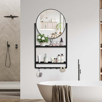 39.5" × 21.7" Black Round Wall Mirror with Shelf and Hooks, 10° Adjustable Tilt Metal Frame Bathroom Mirror with Shelf for Bedroom, Entryway, Living Room