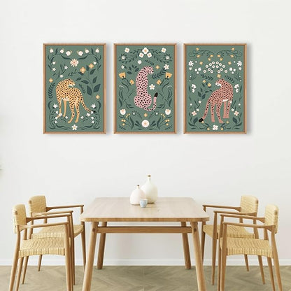 KAIRNE Sage Green Cheetah Framed Canvas Wall Art Set,Boho Leopard Floral Wall Decor,Abstract Animal Wildflower Art Prints,Modern Botanical Artwork for Living Room,Bedroom,Farmhouse,Office-16 x24 x3