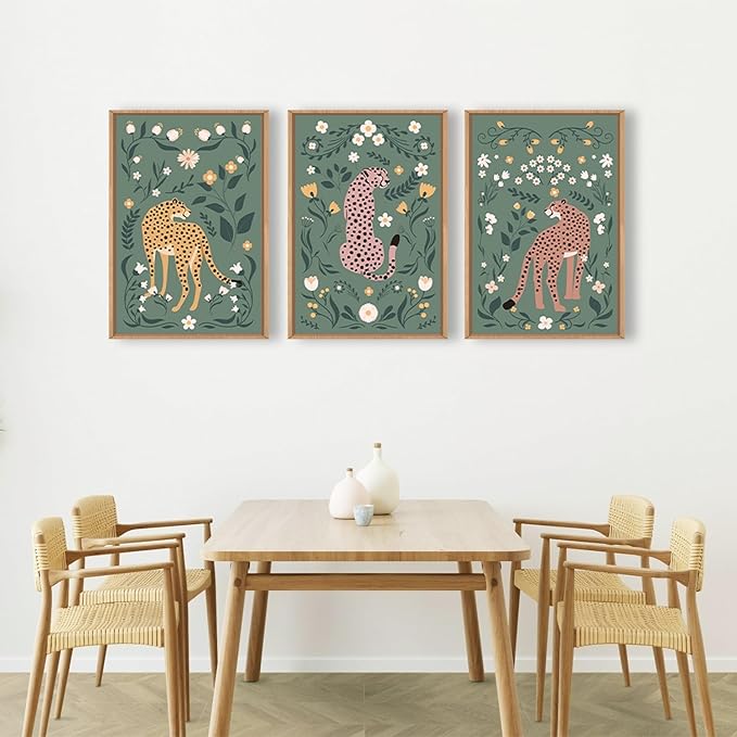 KAIRNE Sage Green Cheetah Framed Canvas Wall Art Set,Boho Leopard Floral Wall Decor,Abstract Animal Wildflower Art Prints,Modern Botanical Artwork for Living Room,Bedroom,Farmhouse,Office-24 x36 x3