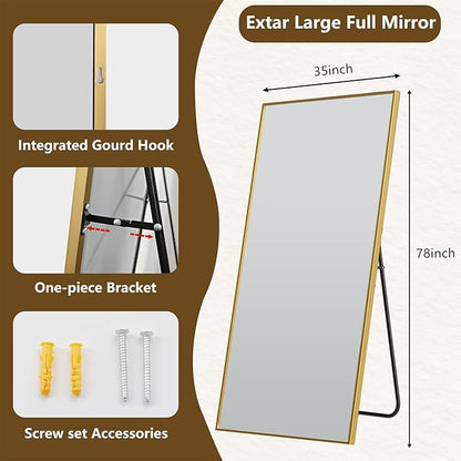 Koonmi 78"x35" Floor Mirror Full Length, Bedroom Floor Body Mirror with Stand, Large Gold Mirror, Leaning, Standing or Hanging Horizontally/Vertically