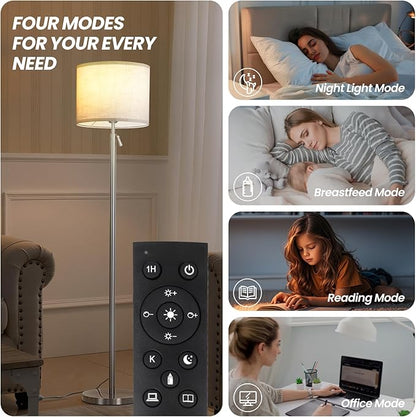 Modern Floor Lamp for Living Room and Bedroom- 55"-67" Height Adjustable Standing Lamps with Dimmable LED Bulb and Remote Control-Bright Tall Stand Light with Shade for Corner Lighting （Silver）