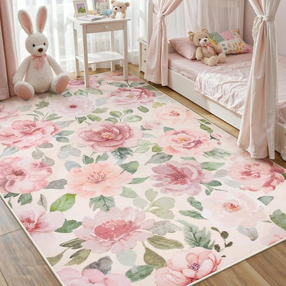 Lahome Floral Nursery Rug 5x7 Area Rugs,Soft Boho Pink Rugs for Bedroom Girls,Low Pile Large Living Room Rug, Home Decor Carpet for Dining Room Kids Playroom Farmhouse, Beige/Multi
