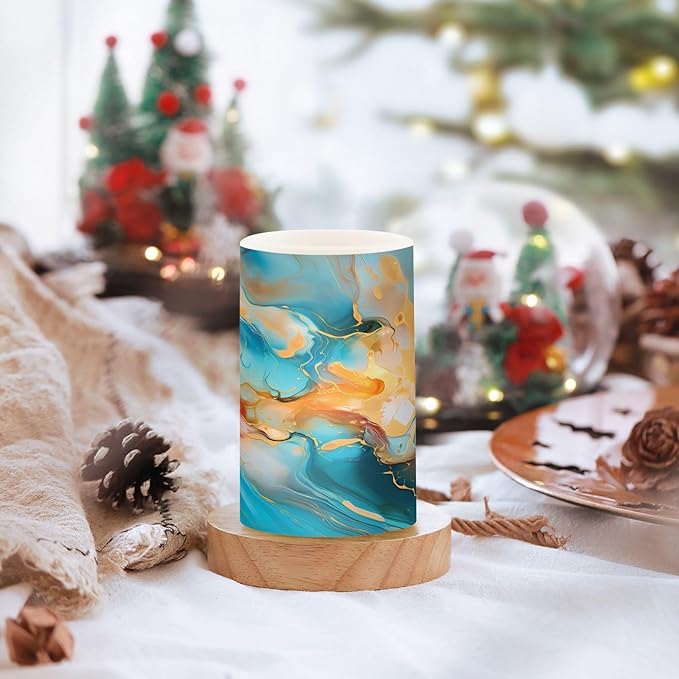 ALAZA Orange Teal Blue Marble Flickering Flameless Candles Battery Operated with Remote Timer,Tea Light Candles LED Pillar Votive Candles Set of 2 for Outdoor Indoor Decorations