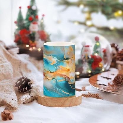 ALAZA Orange Teal Blue Marble Flickering Flameless Candles Battery Operated with Remote Timer,Tea Light Candles LED Pillar Votive Candles Set of 2 for Outdoor Indoor Decorations