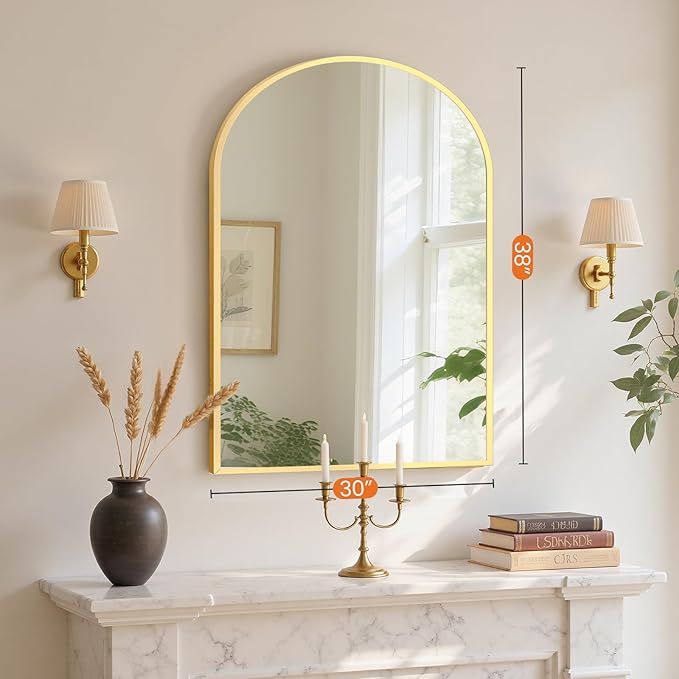 Sweetcrispy 38"x30" Arched Gold Bathroom Mirrors for Wall, Bathroom Mirrors for Over Sink, Metal Framed with HD Shatter-Proof Glass for Entryway, Living Room, Bedroom, Home Decor