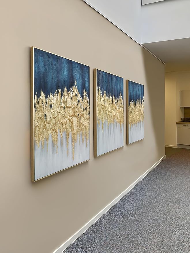Zessonic Abstract Wall Art Hand-Textured Modern - Set of 3, Emerald Green Blue and Gold - 24x36inch, Framed