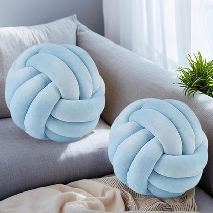 2 Pcs Knot Pillows, Blue Knotted Ball Pillow Plush Throw Pillows for Bed Sofa Couch, 8.7" Decorative Round Pillow Cushions
