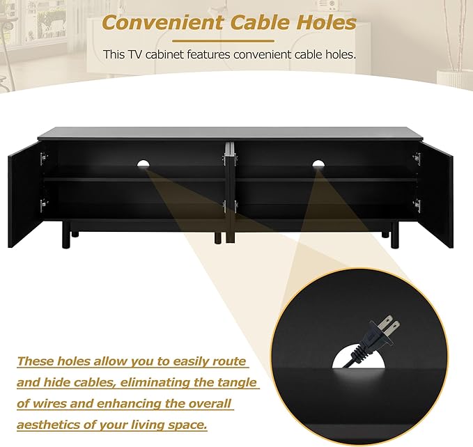 Merax Graceful TV Stand with Arch Cabinets for Televisions Up to 78'', Minimalist Entertainment Center with Solid Wood Legs and Adjustable Shelves, Practical Media Console for Living Room, Black