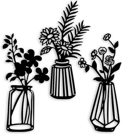 Qzmaikoo 3 Pieces Black Metal Flowers Wall Decor Vase Art Sculptures Hanging for Indoor Kitchen Bathroom Dining Room Patio, 14.56x7.48 Inches