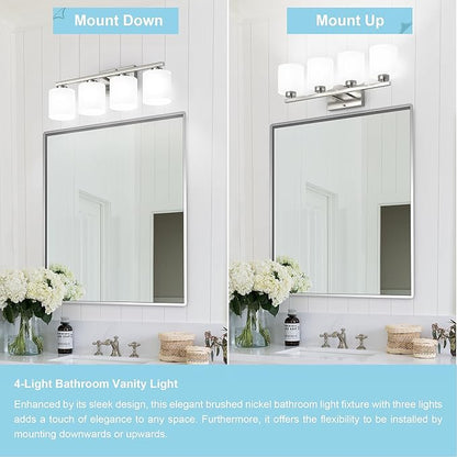Honesorn 4-Light Bathroom Vanity Light Fixture, Brushed Nickel, Modern With Frosted Shade & Anti-Rust Finish, E26 Base Lighting