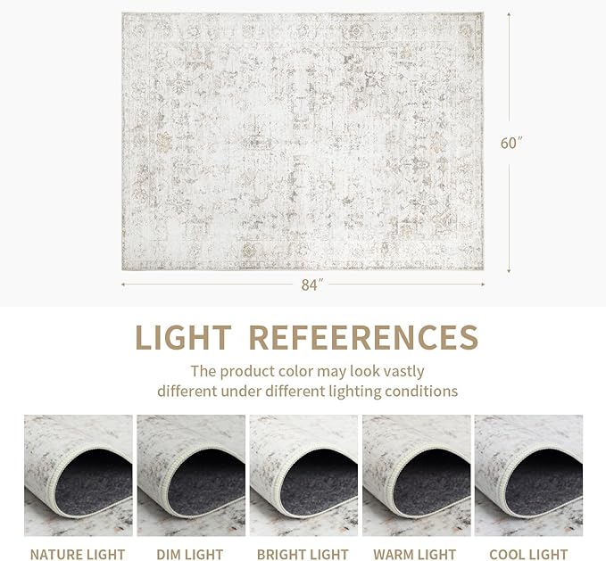 Washable 8×10 Area Rug for Living Room, Vintage Floral Rug Soft Non Slip Stain Resistant Boho Carpet for Bedroom Dinning Room Home Office Beige New