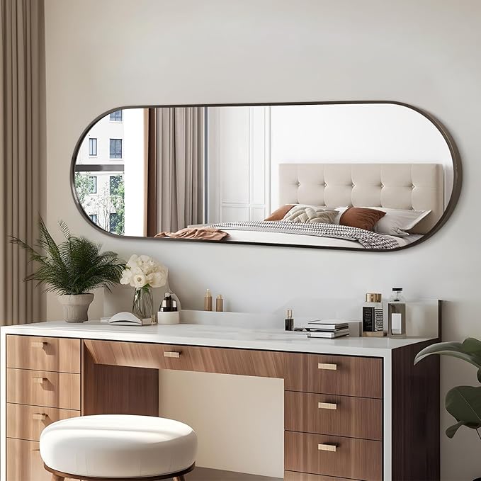 Oval Bathroom Full Length Mirror, Large 48x16'' Pill Shaped Oblong Vanity Wall Mirror, Metal Framed Aluminum Frame Decor Mirror for Living Room Vanity Bedroom Entryway Coffee