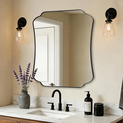 ANDY STAR Bathroom Vanity Mirror, 24x30 Matte Black Rectangle Mirror with Scalloped Round Corner, Vintage Asymmetrical Metal Wall Mirror for Entryway, Living Room