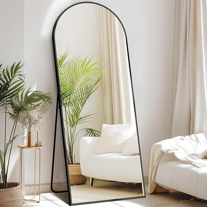 Sweetcrispy 64"x21" Arched Full Length Mirror, Full Body Mirror with Aluminum Alloy Thin Frame, Leaning or Standing, Suitable for Bedroom, Livingroom, Cloakroom, Black