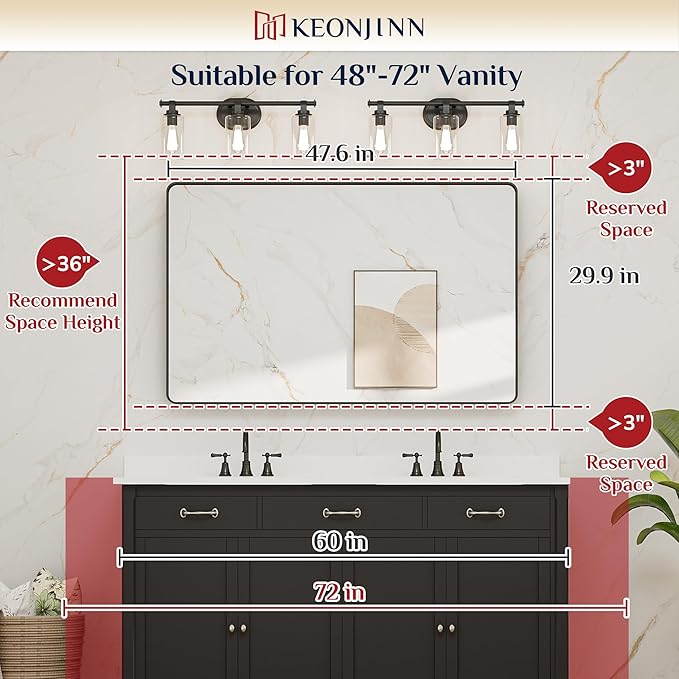 Keonjinn Black Bathroom Mirror for Over Sink, 48 x 30 Inch Rounded Rectangle Vanity Mirror, Sandblasted Finish Matte Black Wall Mirrors, HD Tempered Glass, Anti-Rust Seamless Metal Frame for Restroom