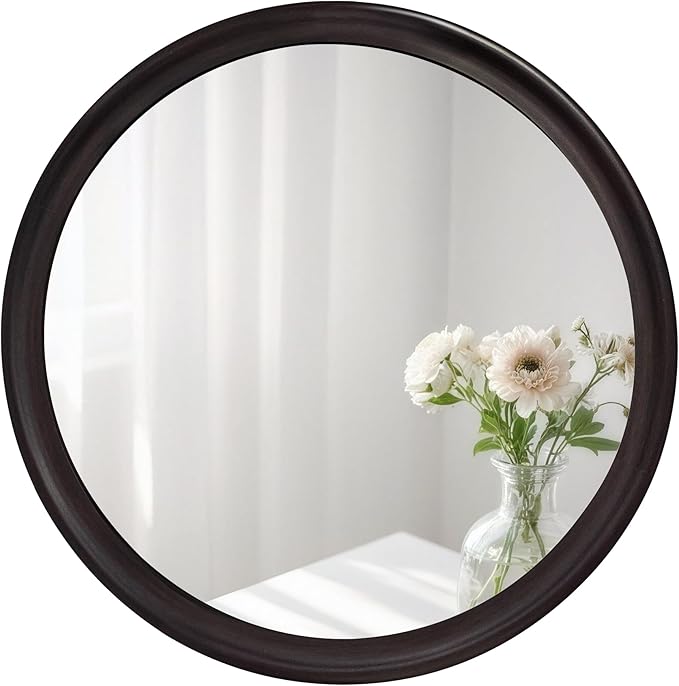 Round Mirrors 24 Inch,Rustic Decorative Transitional Dark Walnut Wall Mirror with Wood Grain for Bathroom,Farmhouse Hanging Vanity Mirror for Entryway Living Room or Bedroom