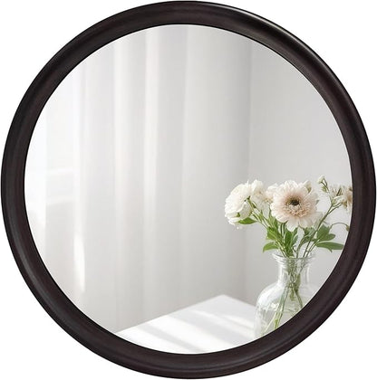 Round Mirrors 24 Inch,Rustic Decorative Transitional Dark Walnut Wall Mirror with Wood Grain for Bathroom,Farmhouse Hanging Vanity Mirror for Entryway Living Room or Bedroom