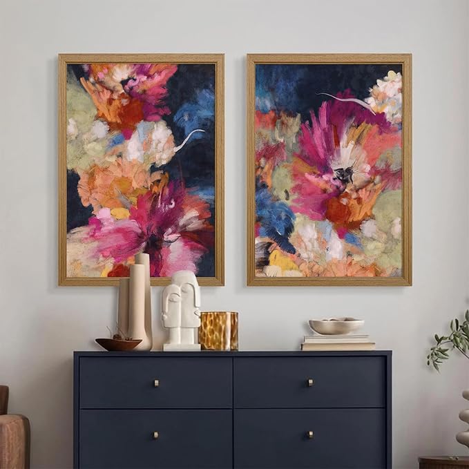 Colorful Abstract Wall Art Decor Modern Flower Canvas Wall Art Abstract Flower Pictures Painting Modern Colorful Artwork Posters Abstract Prints for Living Room Bedroom 12x16 Inch Framed Set of 2