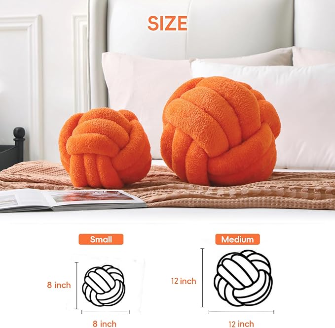 Knot Pillow Ball Plush - Decorative Throw Pillows for Bed Relieve Stress, Round Knot Cushion for Sofa Decor Pet Toy, Orange 8 inch