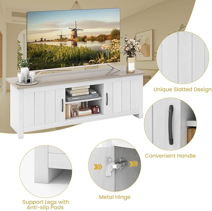 Tangkula 2 Doors TV Stand for TVs up to 65”, 57” Media Console Table w/ 2 Cabinets & Open Shelves, 2 Cable Management Holes. Wood Entertainment Center Cabinet for Living Room (White Oak)