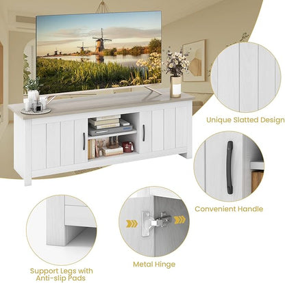 Tangkula 2 Doors TV Stand for TVs up to 65”, 57” Media Console Table w/ 2 Cabinets & Open Shelves, 2 Cable Management Holes. Wood Entertainment Center Cabinet for Living Room (White Oak)