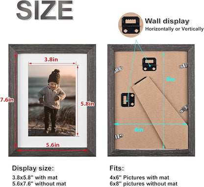 KINLINK 6x8 Picture Frame Ash Black, Solid Wood Frames with Acrylic Plexiglass for Pictures 4x6 with Mat or 6x8 without Mat, Tabletop and Wall Display Photo Frame, Set of 4