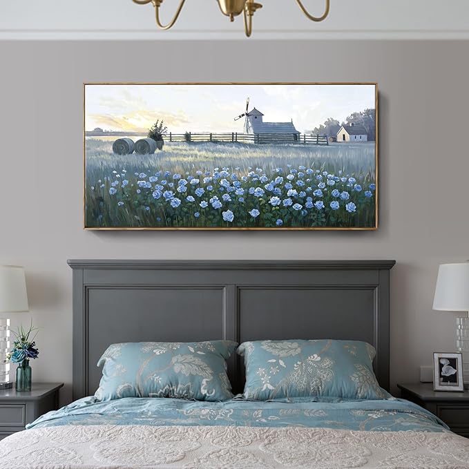 Oversize Framed Modern Wall Art, Natural Landscape Canvas Picture, Blue Rustic Farm Windmill And Floral Artwork For Living Rooms, Bedrooms, Hallways, Balconies, Dining Rooms, And Offices. 58X29 Inches.