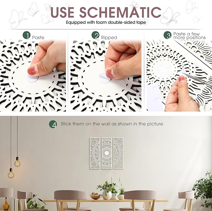 Blulu 3pcs Mandala Wall Art Carved Wood Wall Art Floral Aesthetic Wooden Plaque Set Wood Carving Decor Farmhouse Modern Cutout Plaque for Home Bathroom Decoration(15.8 x 5.1 Inch,White)