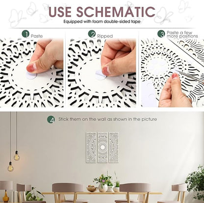 Blulu 3pcs Mandala Wall Art Carved Wood Wall Art Floral Aesthetic Wooden Plaque Set Wood Carving Decor Farmhouse Modern Cutout Plaque for Home Bathroom Decoration(15.8 x 5.1 Inch,White)