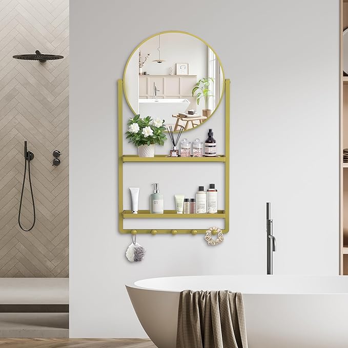 39.5" × 21.7" Gold Round Wall Mirror with Shelf and Hooks, 10° Adjustable Tilt Metal Frame Bathroom Mirror with Shelf for Bedroom, Entryway, Living Room