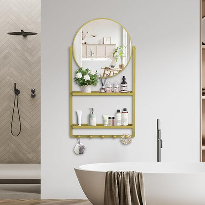 39.5" × 21.7" Gold Round Wall Mirror with Shelf and Hooks, 10° Adjustable Tilt Metal Frame Bathroom Mirror with Shelf for Bedroom, Entryway, Living Room