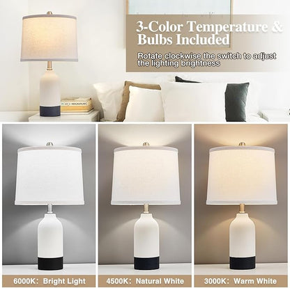 Modern Ceramic Table Lamp Set of 2, Adjustable Color Temperature Bedside Lamps for Night Stands with Fabric Drum Shade, Nightstand Lamps for Bedroom, Living Room, Desk, Includes 2 Bulbs (21.4")