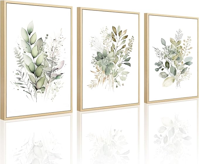 Joocrise Watercolor Botanical Wall Art Set of 3 Boho Floral Canvas Wall Decor Prints Sage Green Wildflower Wall Art Modern Flower Pictures Botanical Painting for Bedroom Bathroom 16x24 Inch Framed