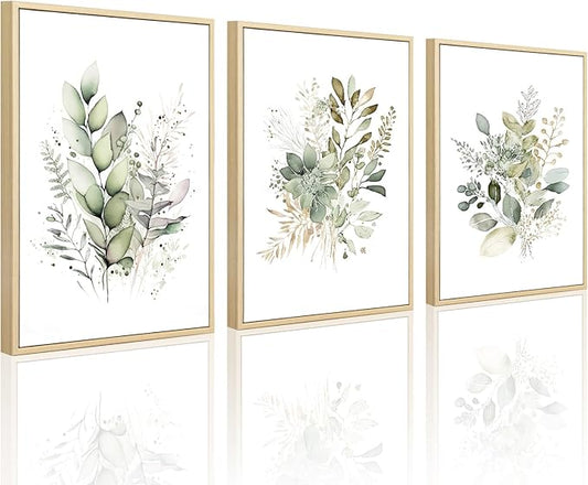 Watercolor Botanical Wall Art Set of 3 Boho Floral Canvas Wall Decor Prints Sage Green Wildflower Wall Art Modern Flower Pictures Botanical Painting for Bedroom Bathroom 12x16 Inch Framed