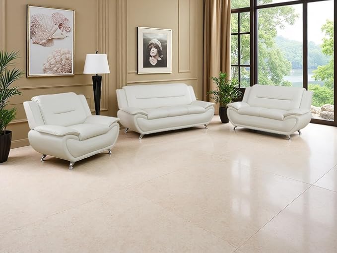 Creamy White Leather Couches for Living Room, Living Room Furniture Sets, Sofa and Loveseat Set, Sofa Couch Set for Bedroom, Office (b-Creamy White, Sofa+Loveseat+Chair)