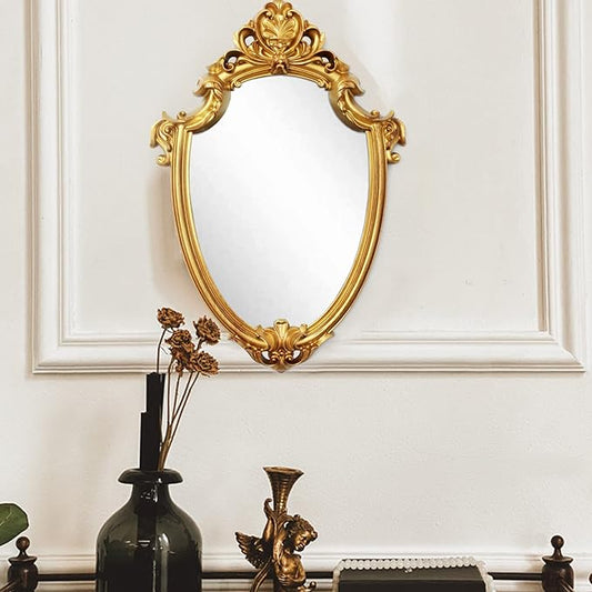 Eaoundm 16.5 x 11 inch Vintage Mirror Antique Mirror Decorative wall Mirror Shield Shape (Brush Gold)