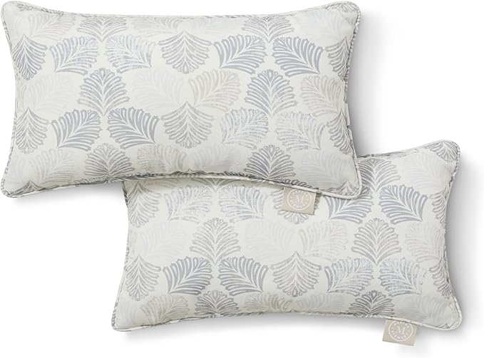 Martha Stewart Modern Banana Leaves Indoor Outdoor Decorative Lumbar Pillow 2-Pack Set, UV Fade Resistant, Water Repellent, Printed Tropical Design, Warm Grey, 11"x18"