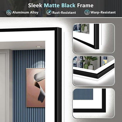60x30 Black Framed LED Bathroom Mirror with Lights, Backlit and Front Lit Anti-Fog Lighted Vanity Mirrors for Bathroom Wall, Dimmable, 3 Colors, Memory, HD Tempered Glass, Horizontal/Vertical