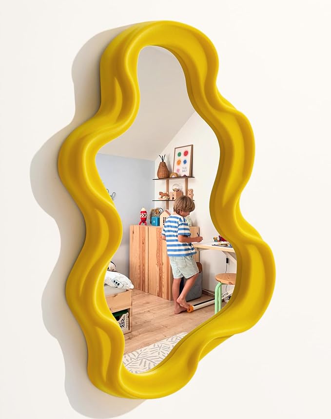 Trendy Bedroom Mirrors for Wall Decor, Soft Velvet Wall Mounted Cloud Mirror for Girl Teen Women Bedroom Decoration, Cute Hanging Sculpture Home Accent for Dining Room Kitchen (Yellow-Orange)