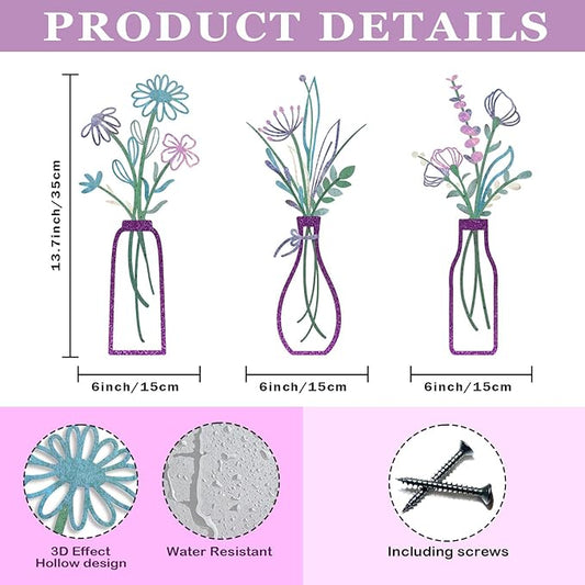 Pigort 3 Pieces Metal Flowers Wall Arts - Rustic Farmhouse Decor Purple Minimalist Flower Wall Decors for Living room Bathroom Bedroom Dining Room-Housewarming Gifts(Purple, Vase-C)