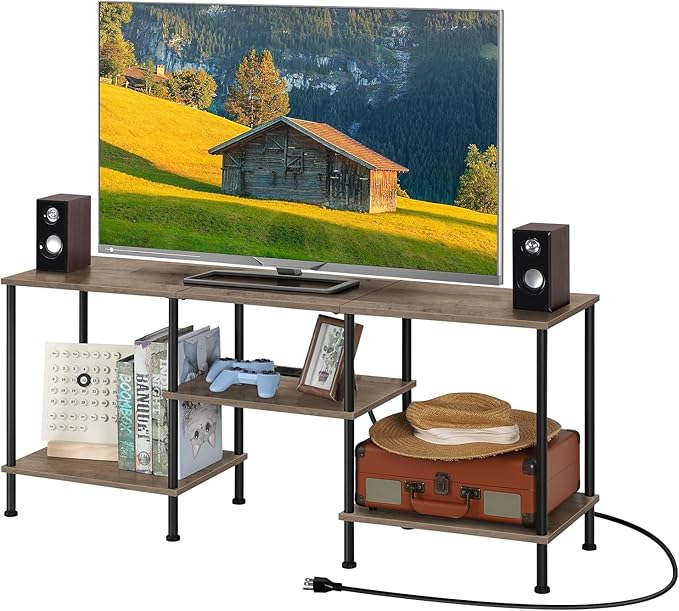 50 inch TV Stand for Living Room Small Entertainment Center with Storage Shelf & Power Outlets, Modern Farmhouse TV Console Table Media Cabinet for Bedroom, Rustic Grey