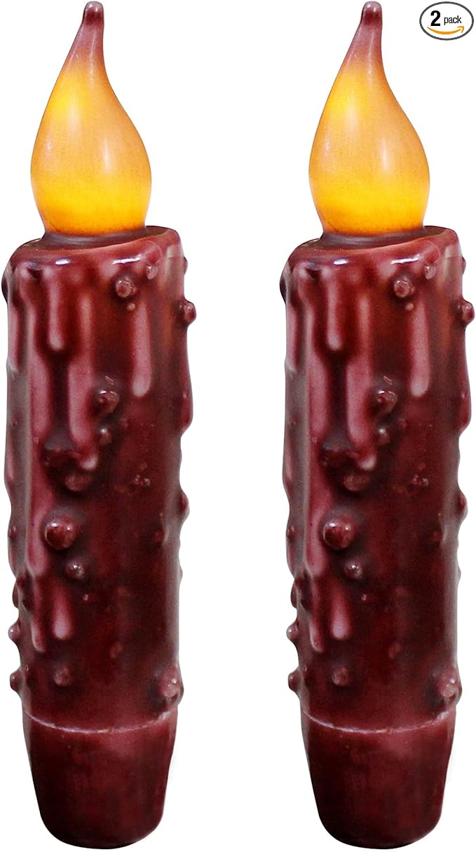 CVHOMEDECO. Real Wax Hand Dipped Battery Operated LED Timer Taper Candles Country Primitive Flameless Lights Décor, 4-3/4 Inch, Burgundy, 2 PCS in a Package