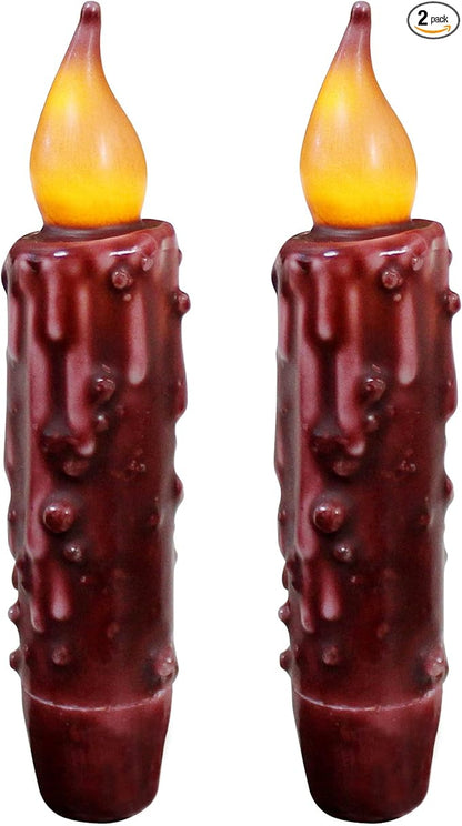 CVHOMEDECO. Real Wax Hand Dipped Battery Operated LED Timer Taper Candles Country Primitive Flameless Lights Décor, 4-3/4 Inch, Burgundy, 2 PCS in a Package