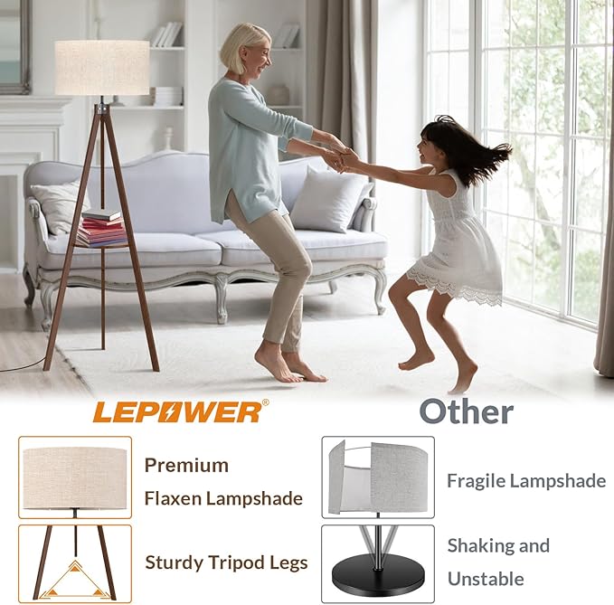 LEPOWER Mid Century Wood Standing Lamp, Modern Design Shelf Floor Lamp for Living Room, Bedroom, Office, Flaxen Shade with E26 Base, Perfect for Reading or Ambient Lighting Dark Brown