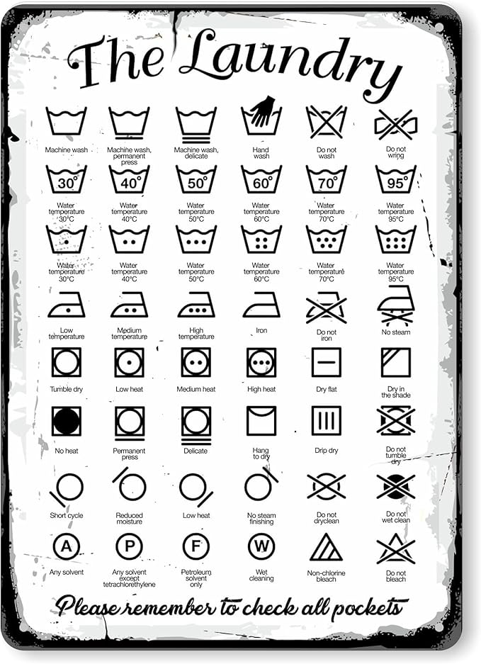 SmartSign Laundry Symbols Wall Art Sign, 'Please Remember To Check All Pockets' Vintage Sign, 14" x 10", 40 mil Laminated Rustproof Aluminum, Retro Wall Décor, Black/Rustic White, USA-Made