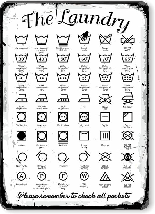 SmartSign Laundry Symbols Wall Art Sign, 'Please Remember To Check All Pockets' Vintage Sign, 14" x 10", 40 mil Laminated Rustproof Aluminum, Retro Wall Décor, Black/Rustic White, USA-Made
