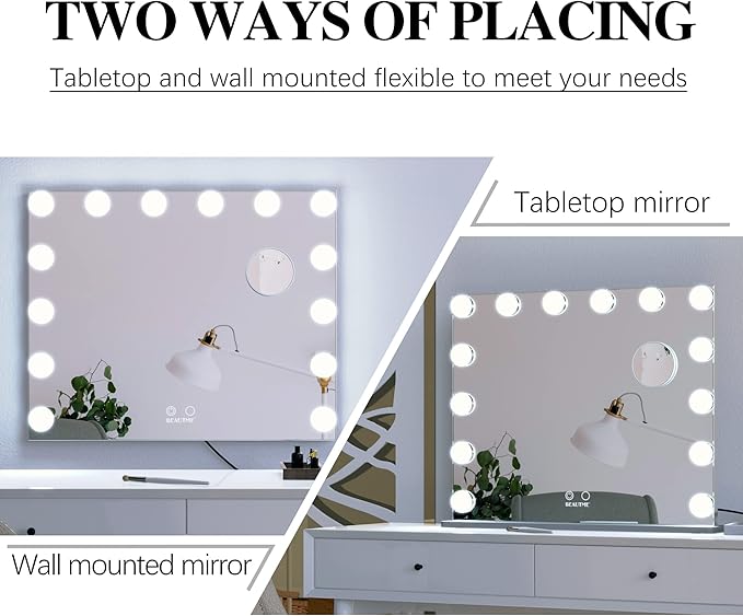 ANYHI Vanity Mirror with Light, Large Hollywood Lighted Makeup Mirror 14 Dimmable LED Bulbs, Smart Touch Control, Tabletop or Wall-Mounted, Detachable 10x Magnification, 24.4" x 20.2" (Silver)