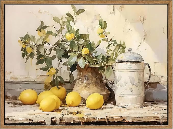 Vintage Kitchen Wall Art, Yellow Lemon Still Life Wall Decor Paintings, Rustic Farmhouse Artwork Canvas Posters Prints Pictures for Living Room Bedroom Home Decor 12x16 Inch Floating Framed